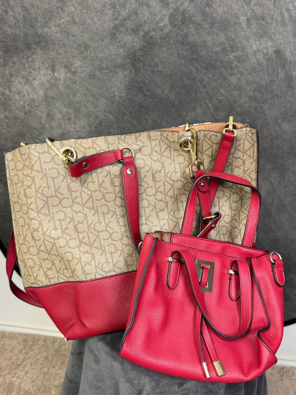 Calvin Klein Red Monogram Tote Bag Set | Large Tote & Matching Crossbody Purse
